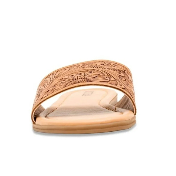 New! Myra Hand-Tooled Brown Leather Slide Sandals - Picture 4 of 9